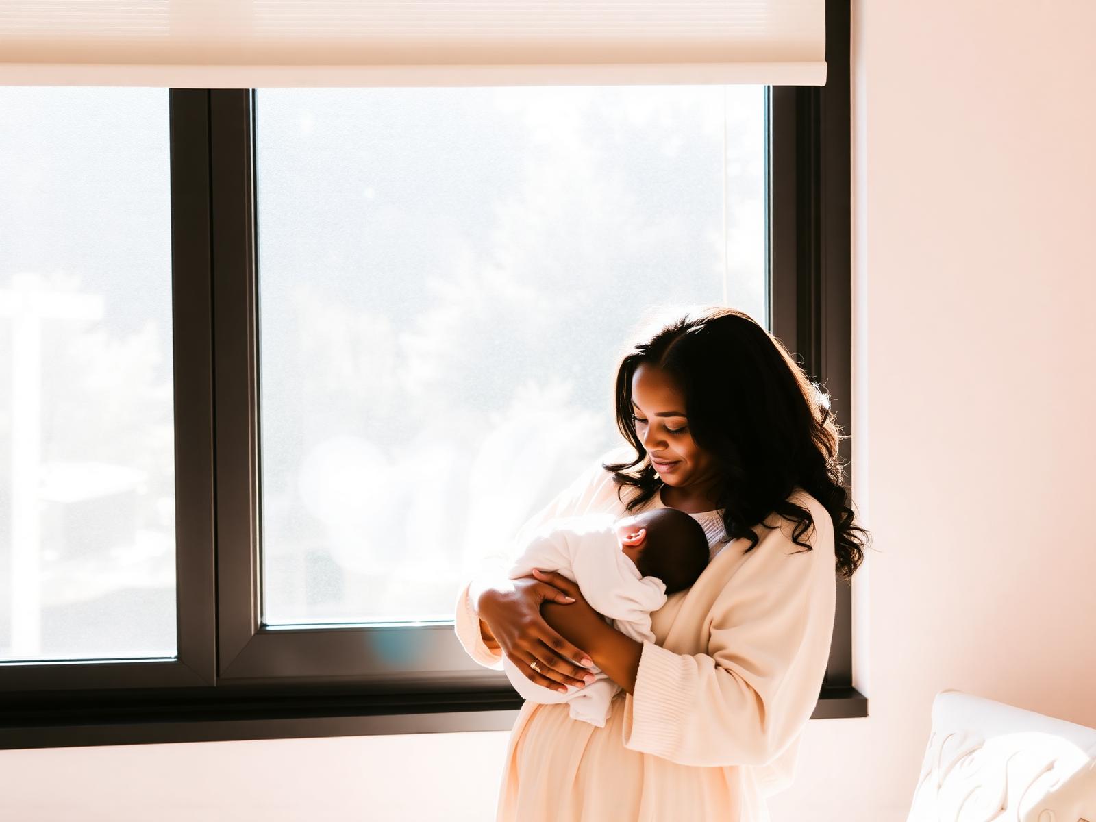 A mother holding her newborn in a sunlit room